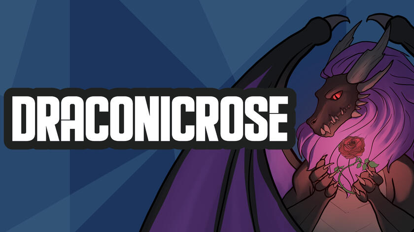 Draconicrose banner with dragon holding rose.